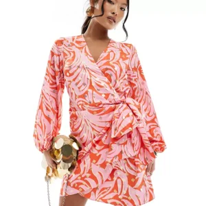 Never Fully Dressed Petite Metallic Wrap Mini Dress Pink & Orange
