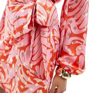 Never Fully Dressed Petite Metallic Wrap Mini Dress Pink & Orange