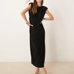 Vila Reversible Black Maxi Dress with Padded Shoulders