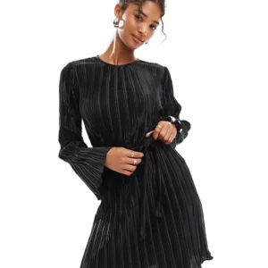 Black Tie Waist Plisse Mini Dress