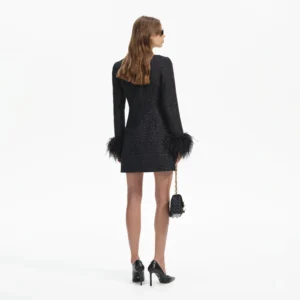Self Portrait Black Boucle Feather Mini Dress