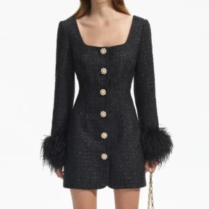 Self Portrait Black Boucle Feather Mini Dress