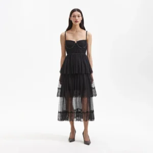 Self Portrait Black Dot Mesh Tier Midi Dress