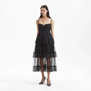 Self Portrait Black Dot Mesh Tier Midi Dress