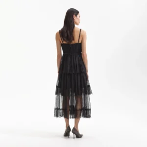 Self Portrait Black Dot Mesh Tier Midi Dress