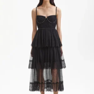 Self Portrait Black Dot Mesh Tier Midi Dress