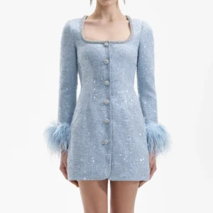Self Portrait Blue Sequin Boucle Feather Mini Dress