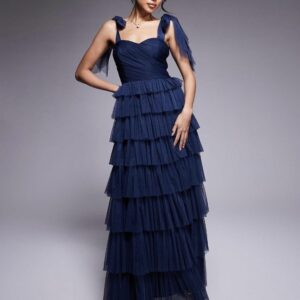 Lace & Beads Bow Shoulder Ruffle Maxi