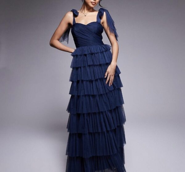 Lace & Beads Bow Shoulder Ruffle Maxi n