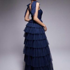 Lace & Beads Bow Shoulder Ruffle Maxi