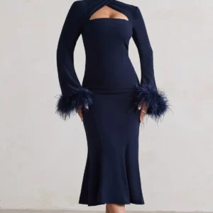Club London Navy Cross Halter Neck Midi Dress with Feather Cuffs