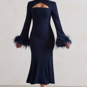 Club London Navy Cross Halter Neck Midi Dress with Feather Cuffs