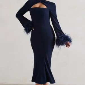 Club London Navy Cross Halter Neck Midi Dress with Feather Cuffs