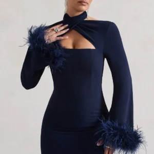 Club London Navy Cross Halter Neck Midi Dress with Feather Cuffs