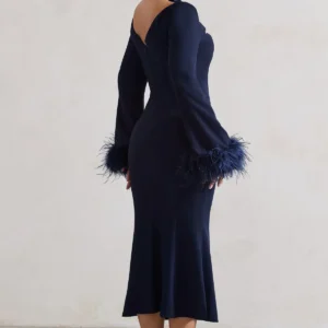 Club London Navy Cross Halter Neck Midi Dress with Feather Cuffs