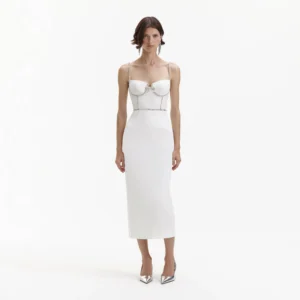 Self Portrait White Bonded Crepe Midi Dress
