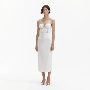 Self Portrait White Bonded Crepe Midi Dress