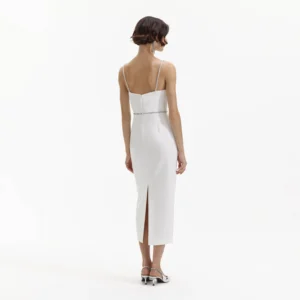 Self Portrait White Bonded Crepe Midi Dress