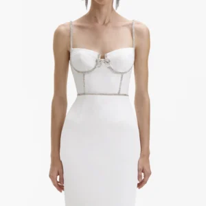 Self Portrait White Bonded Crepe Midi Dress