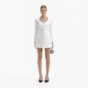 Self Portrait White Crepe Diamante Trim Mini Dress