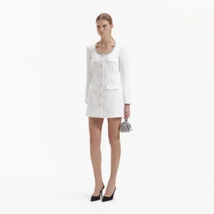 Self Portrait White Crepe Diamante Trim Mini Dress