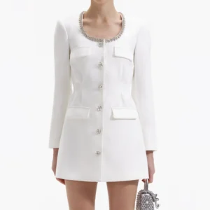 Self Portrait White Crepe Diamante Trim Mini Dress