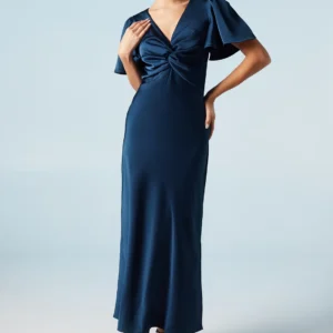 Oasis Satin Twist Front Angel Sleeve Midi Dress