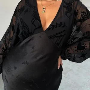 Never Fully Dressed Plus Sheer Sleeve Contrast Maxi Dress - Black