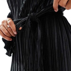 Black Tie Waist Plisse Mini Dress